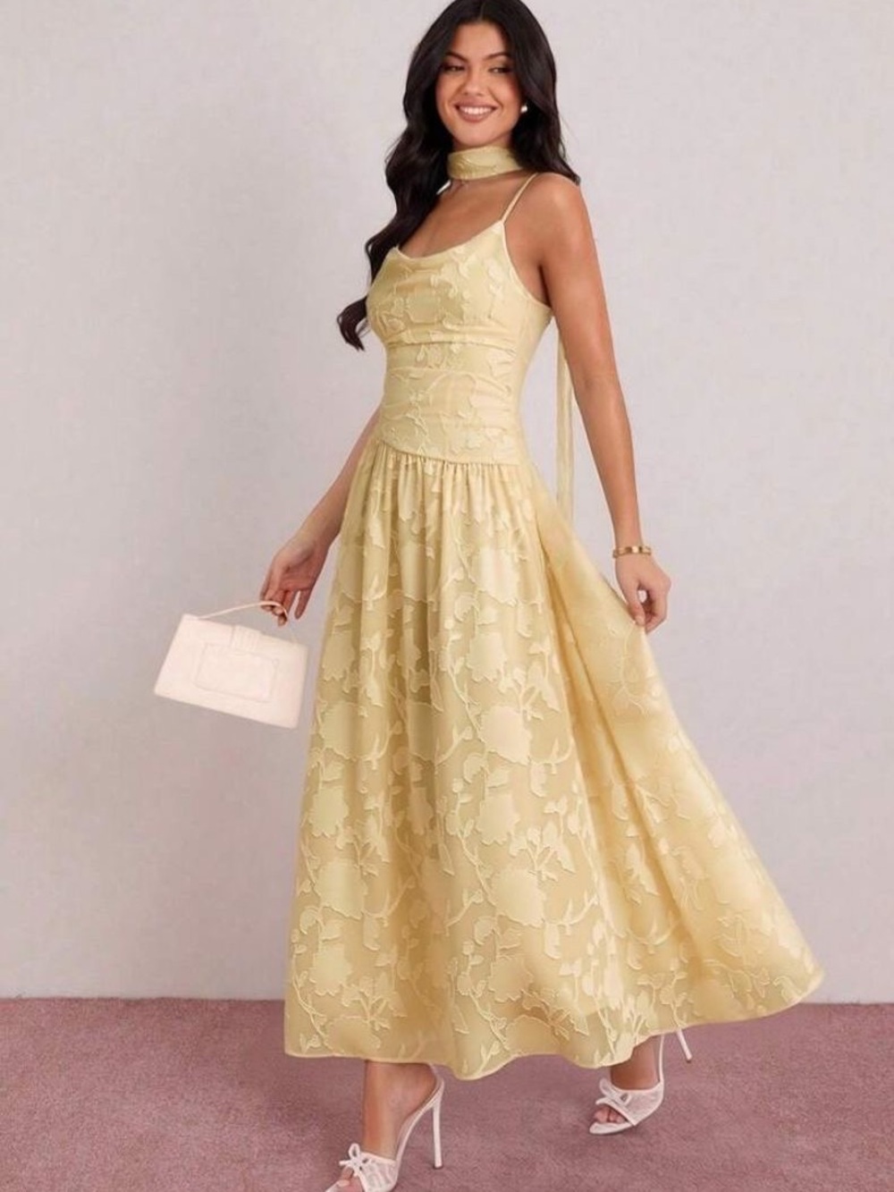 SHEIN Pale Yellow Floral Jacquard Midi Dress